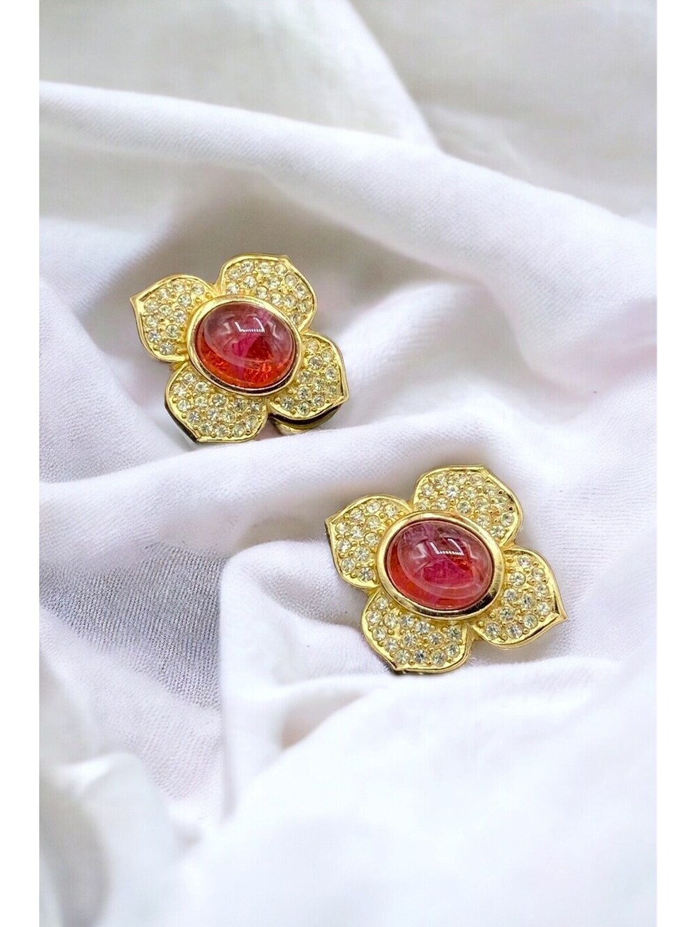 CHRISTIAN DIOR Pave Crystal Red Gripoix Glass Cabochon Clip EARRINGS AB19
